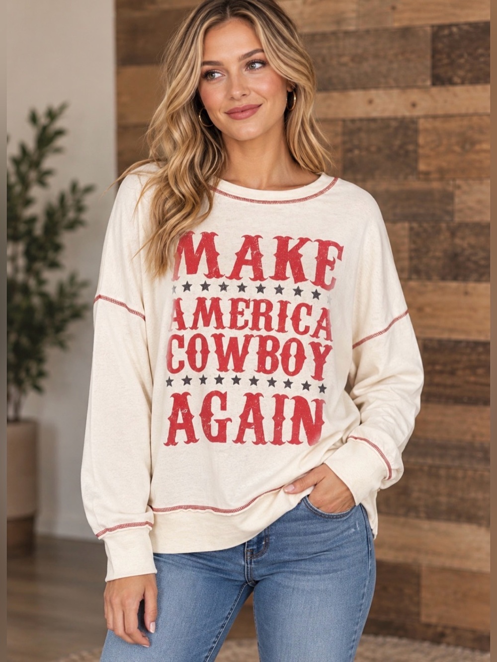 NEW NWOT Boot Barn Women's Red White Blue Long Sleeve Tee Shirt XL Cowboy USA